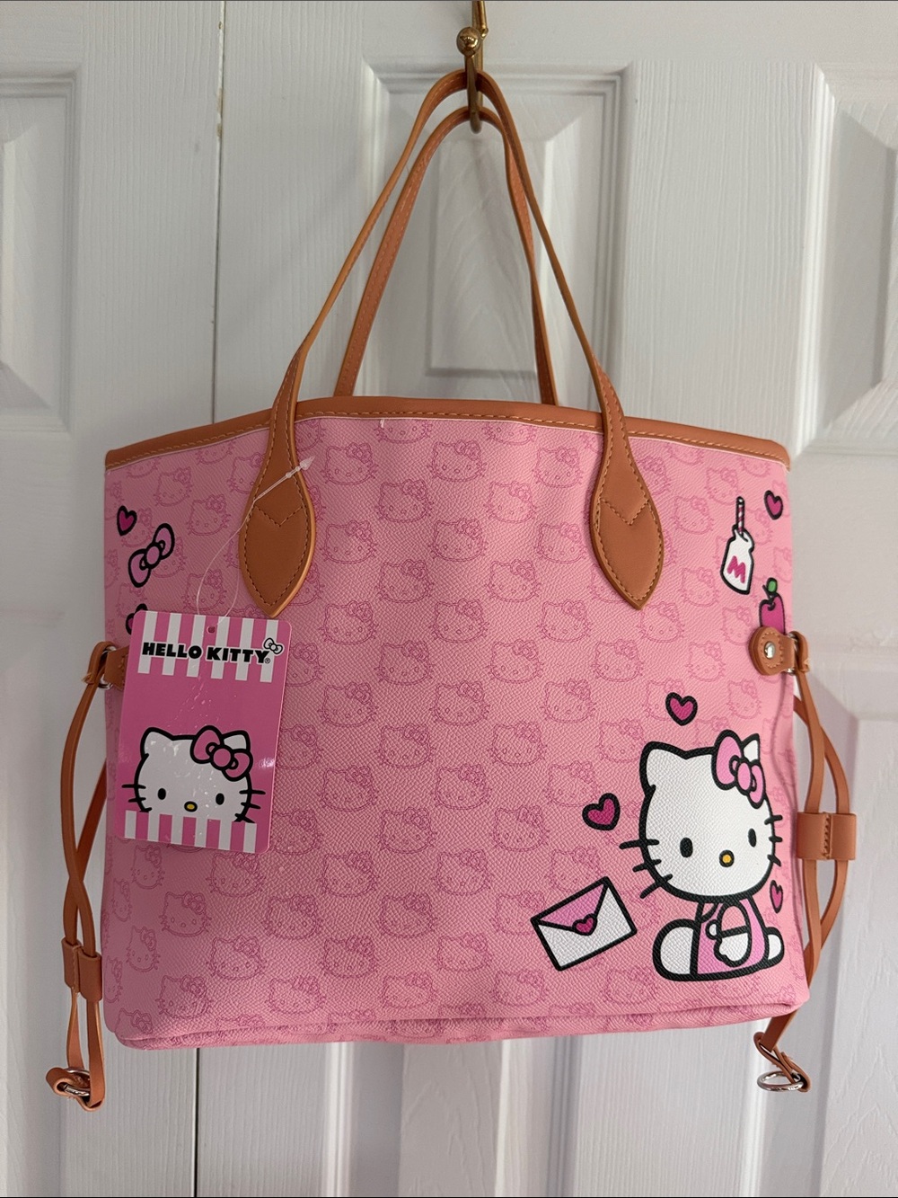 NWT Hello Kitty Pink Tote Bag Viral Sanrio Shoulder Bag Tan Faux Leather